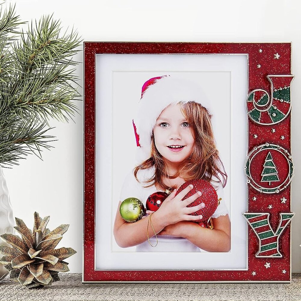 Joy Christmas Holiday Red Glitter Enamel Pewter 4" x 6" or 5" x 7" Picture Frame